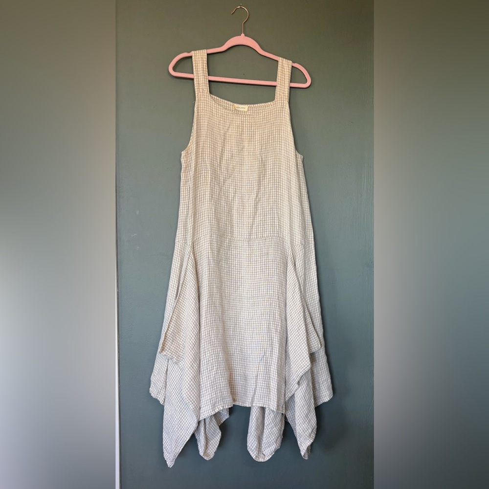 Krista Larson Pinwheel Gingham Midi Linen Pinafore Dress. Architectural! L/XL.